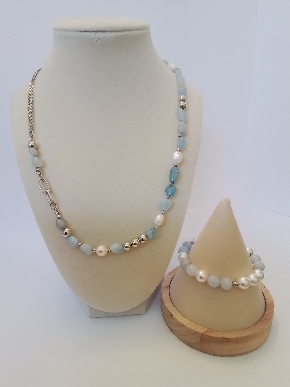 Aquamarine Pearl and Silver Bead Necklace and Bracelet Set